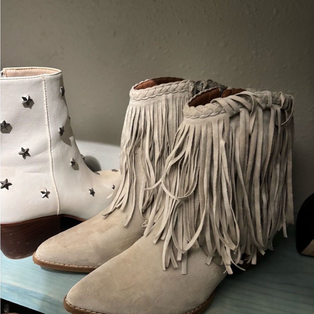 Fringe Ankle Boots in Cream